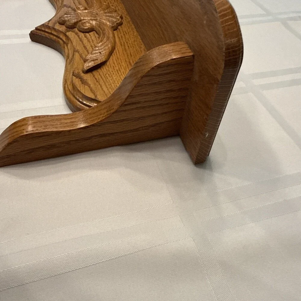 Vintage Solid Oak Hanging Wall Shelf Carved Floral Scroll Appliqué 16” Farmhouse